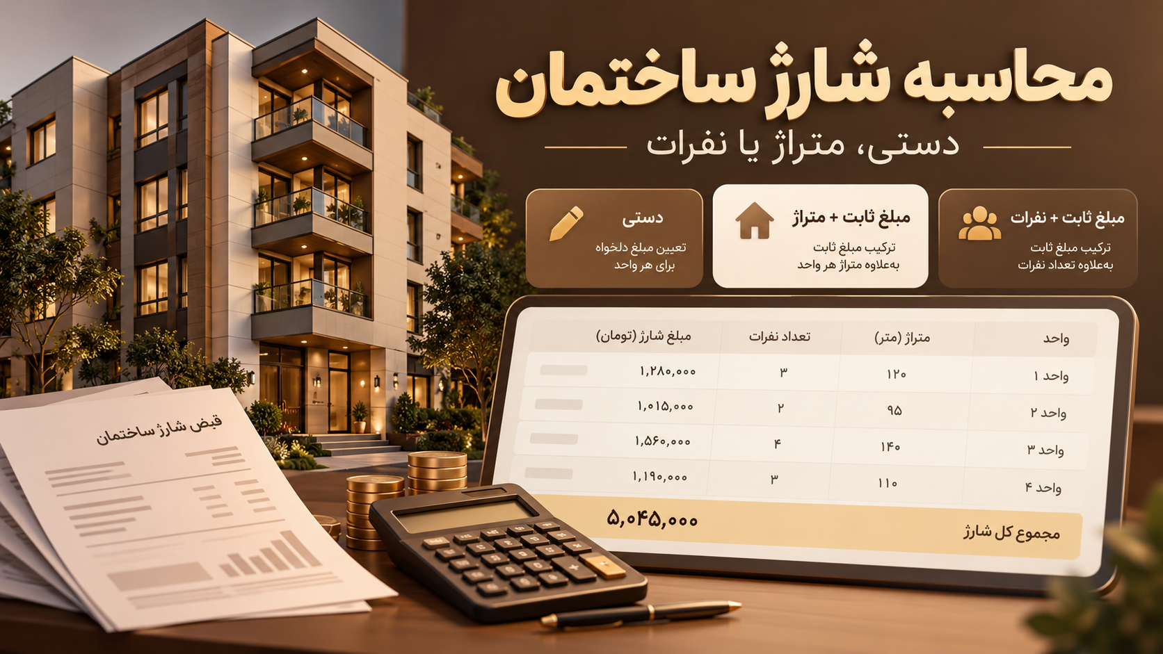 محاسبه شارژ؛ دستی، مبلغ ثابت به‌علاوه متراژ یا نفرات